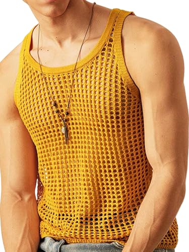 SHENHE Men's Crochet Sweater Vest Hollow Out Loose Knit Sleeveless Crew Neck Sweater Tank