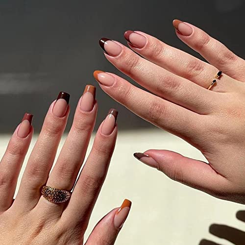 Misud Short Round Press On Nails Coffin Fake Nails Glossy Glue On Nails Fall Brown French Tip Oval Acrylic Nails Autumn Ballerina Stick On False Nails 24 Pcs #TOP30