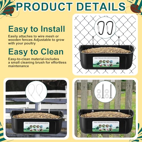 Ferrochef 9 Pack Chicken Duck Feeder Waterer Hanging Goat Feeder Trough 2.5 Quart Livestock Feeding Trough with Scoop & Brush for Pig, Poultry, Fence Feeding, 22.5 Quart Total (Green,Black) - Thumbnail 3