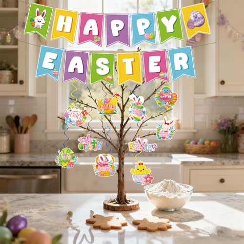 Image of Happy Easter Banner and Egg Bunny Chicken Hanging Swirls for Easter Party Decorations Indoor Outdoor Home Classroom Baby Showers 1st Birthday Decor