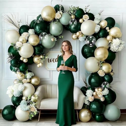 Image of Emerald Green Gold Balloon Arch Kit Double Stuffed Dark Dusty Green Pearl White Sand Latex Balloon Garland for Birthday Baby Shower Wedding Anniversary Graduation Jungle St. Patrick's Day Party