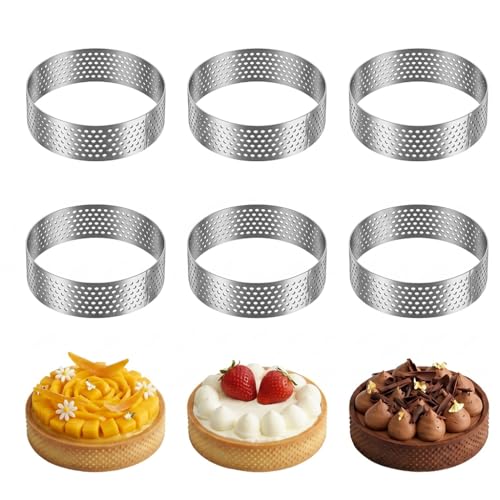 Lot de 6 Cercles à Pâtisserie en Acier Inoxydable 304 - Moules à Tartelette Perforés pour Mousse, Quiches, Desserts Français (Rond)