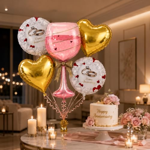 Image of Wanna Party Happy Anniversary Wine Glass Foil Balloon Set of 5, Pink Wine Glass Balloon with Gold Heart and Printed Round Balloons, Romantic Anniversary Decoration for Husband Wife & Couples
