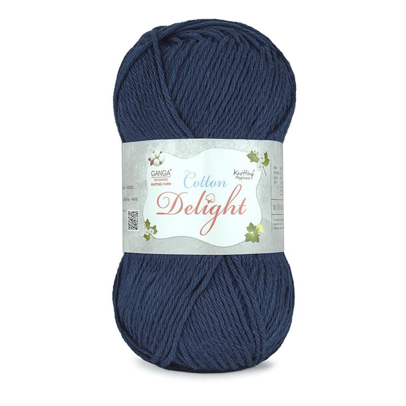 Image of Ganga Acrowools Cotton Delight, Dk Weight Cotton Yarn, Oekotex Class L Certified 100G, 169M, Pack of 1 Ball - 100gm Each, Shade No. - COD010, Midnight Blue