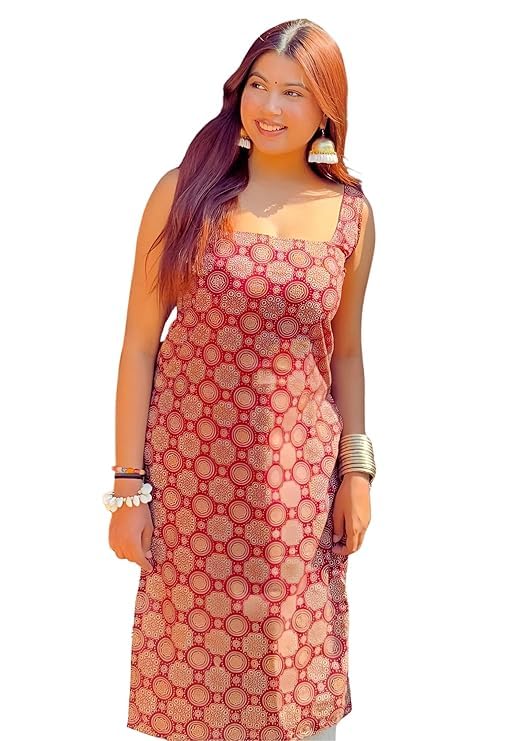 Image of Women's Sleeveless Ajrak Print Kurti - Pure Cotton, Straight Fit Cambric Jaipuri Printed Kurti