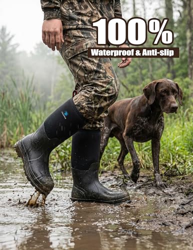 Image of Trudave Rubber Boots for Men, Waterproof Rain Boots with Steel Shank & Reinforced Shell, 5mm Neoprene Insulated Knee Mud Boots for Outdoor Work Hunting Farming Fishing