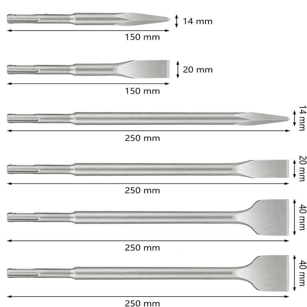 Set di 6 scalpelli SDS Plus (2 scalpelli piatti, 2 scalpelli larghi, 2 scalpelli a punta), scalpello a spatola per calcestruzzo, muratura, piastrelle, colla per piastrelle, pietra naturale