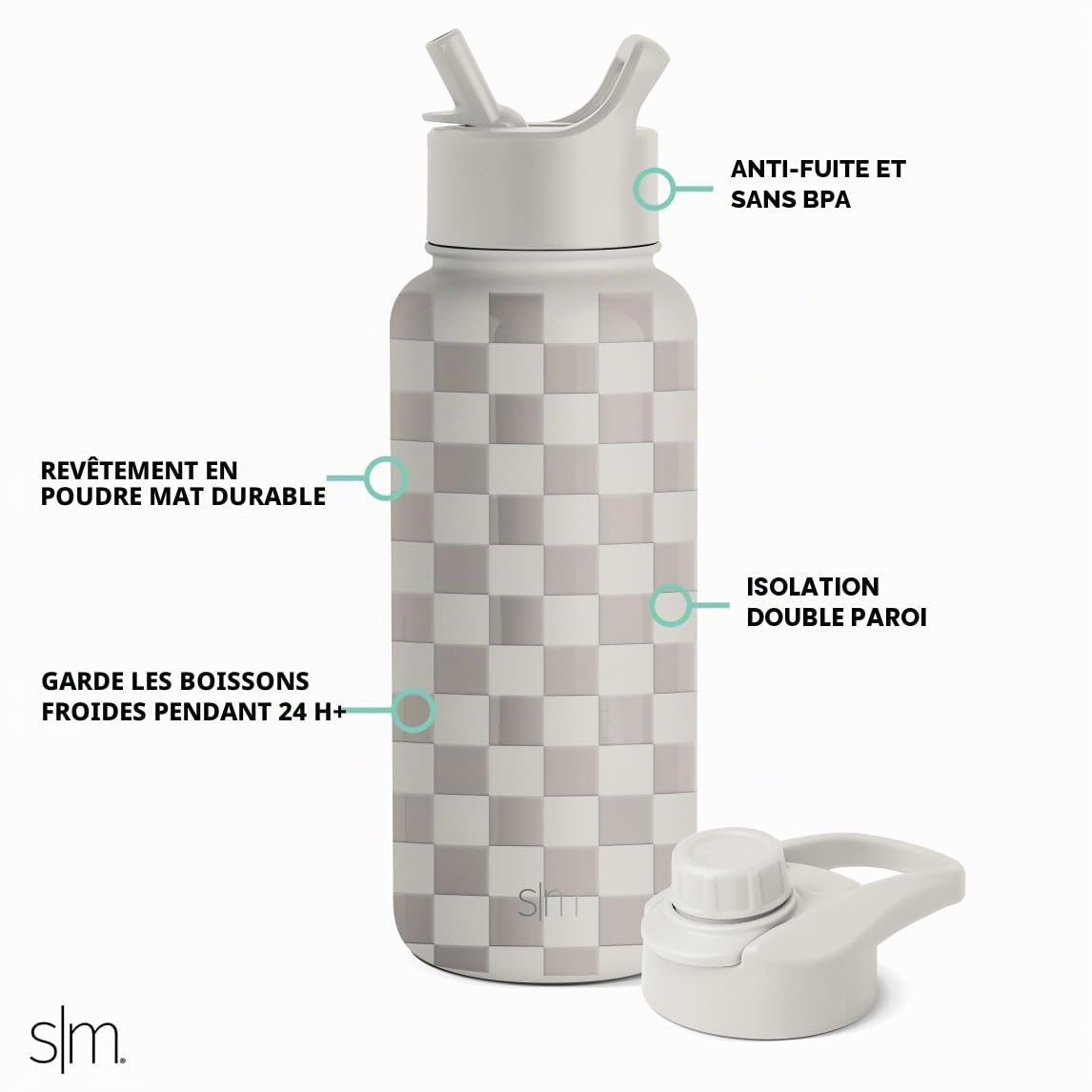 Simple Modern Gourde Isotherme avec Paille et Couvercle à Boire d'un Coup | Gourde Sport Adulte en Acier Inoxydable | Summit | 950ml | Checkmate