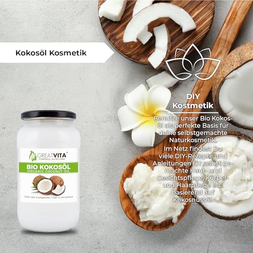 GreatVita Bio Kokosöl, nativ, 1000 ml im Glas zum Kochen Braten Backen
