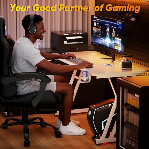 Image of Czlolo 47 Inch Gaming Desk with Power Outlets, L-Shape Leg Computer Desk, Gamer Desk for Small Space, Wtih Cup Holder, Headphone Stand, USB& Tpye-C Ports, Carbon Fiber Surface, White