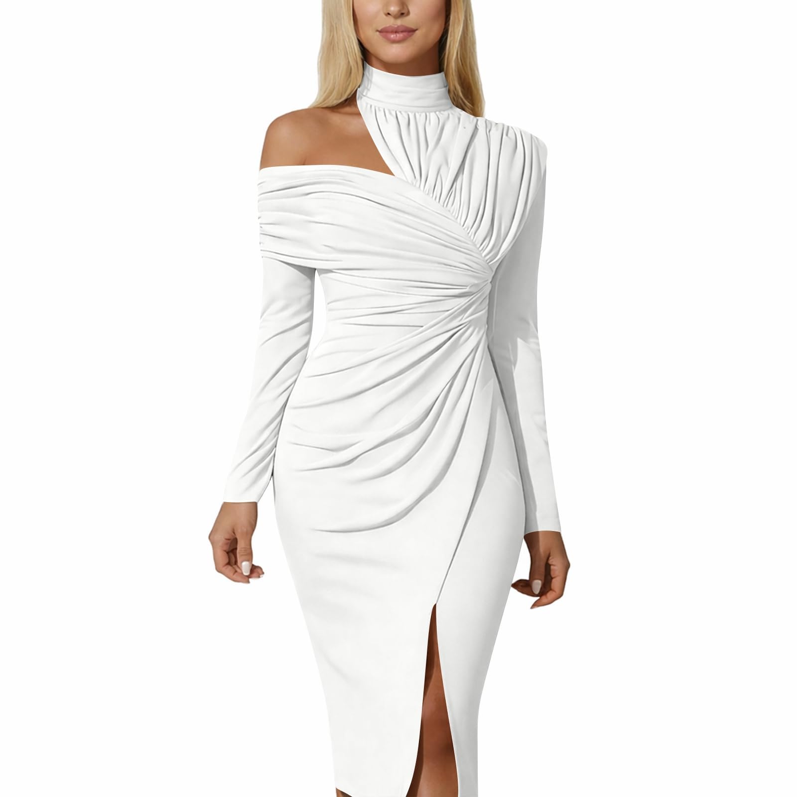 Generico Abito Midi Elegante da con Maniche Lunghe Drappeggiato Asimmetrico Scollo E Spacco Frontale Moderno