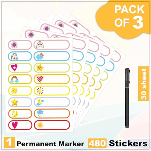 Image of GLUN Waterproof Name Stickers Pack of 3 (Total 480 Labels, 30 Sheets), Durable for Baby Kids Bottles, Lunch Clothes, Kitchen & Pantry Self-Adhesive Reusable Labels