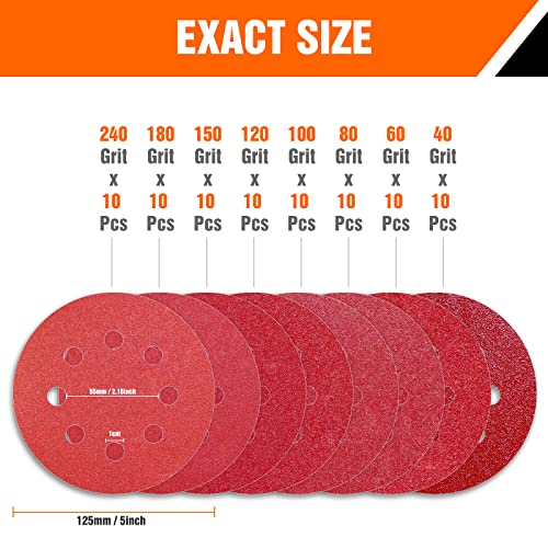 Schleifpapier 125mm Klett 10 x 40/60/80/100/120/150/180/240 Körnung 8 Loch Schleifscheiben Set für Exzenterschleifer (80Stück)