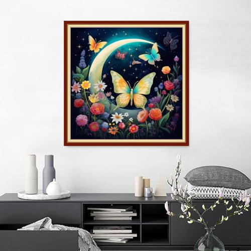 Image of Joyhoor Cross Stitch Kits for Beginners Stamped Cross-Stitch Supplies Needlework preprint Embroidery Kits for Adults DIY Needlepoint Kits Embroidery Patterns 11CT-Moon Butterfly 18.x18 inch