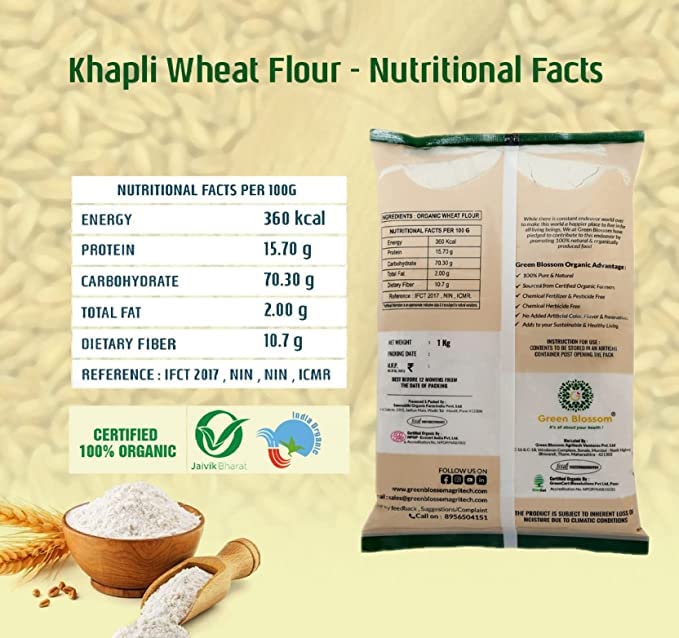 Green Blossom Organic Khapli / Emmar Wheat Flour - 5 Kg (1 Kg x 5 Pack) | Stone Ground I Perfectly Aged I Long Grain I Rich Aroma I Diabetic Friendly" 2
