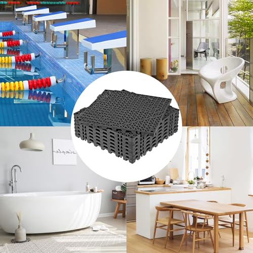 Image of ToLanbbt Modular Interlocking Cushion 8P 11.8 inch x 11.8 inch Interlocking Rubber Floor Drain Holes Non-Slip Splicing Drainage Mats for Deck, Shower, Kitchen, Drain Pool, Sauna Bath, Indoor Outdoor (Black)