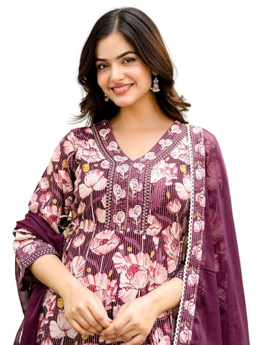 Image of Pure Cotton Anarkali Kurta Set for Women with Dupatta | 3 Piece Cotton Anarkali Suit | Floral Aari Work | Flared Ethnic Wear