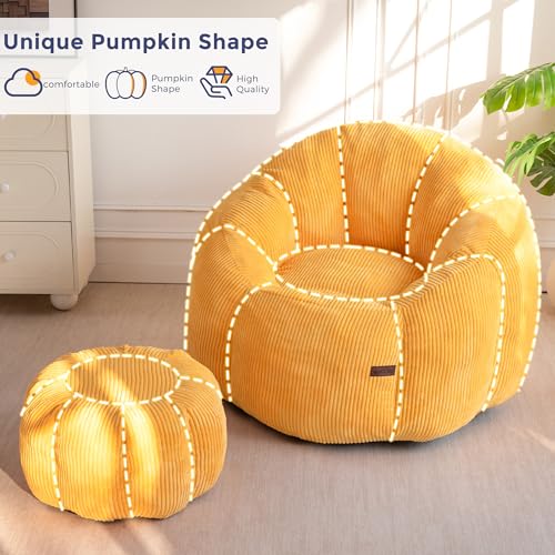 Image of MAXYOYO Giant Bean Bag Chair with Ottoman, Pumpkin-Shaped Bean Bag Sofa with Footstool, Oversized Boneless Couch Chair in a Box, Comfy and Lazy Lounge for Dorm, Living Room, Bedroom, Orange
