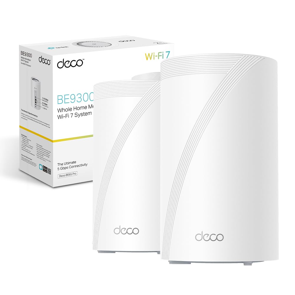 TP-Link WiFi 7 Deco BE65 Pro Router Mesh WiFi,BE 9300Mbps Tri-Band, Canali 320 MHz, 2 Porte 5Gbps, Porta 2,5 Gbps, Alexa, HomeShield,MLO, Funziona con Qualsiasi ISP e Modem, 4 Antenne Interne, 2 Pezzi