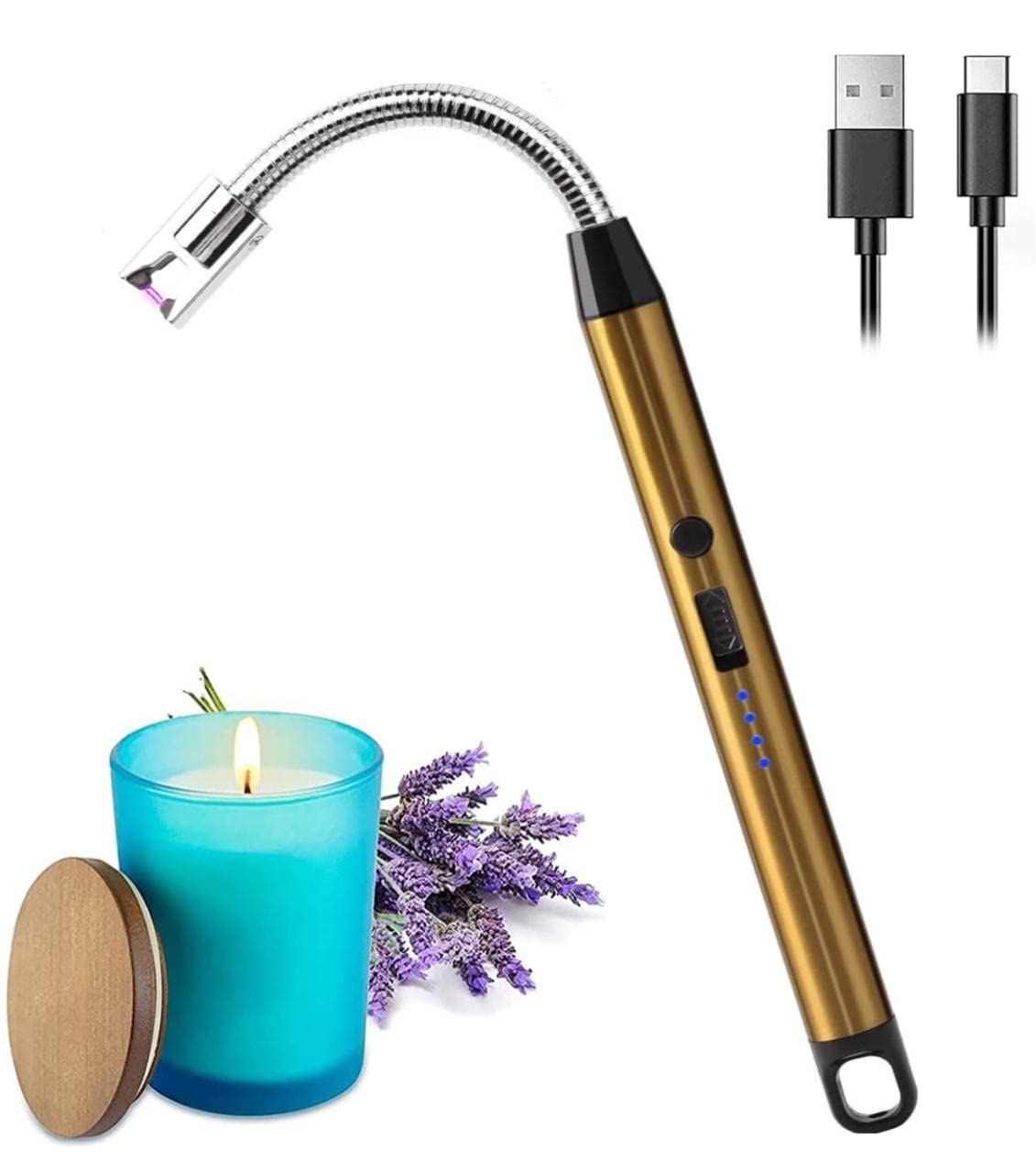 Electric Lighter for Candles Rechargeable Electric Gas Lighter Plasma Lighter Flameless Windproof USB Lighter 360 Degree Flexible Neck Arc Lighter (Gold)