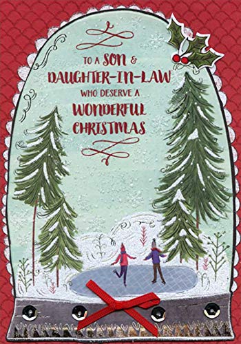 Designer Greetings 3D Tip On Snow Globe : Holly, Sequins, Red Ribbon : Couple Ice Skating on Pond Handcrafted Keepsake Son and Daughter-in-Law Christmas Card
