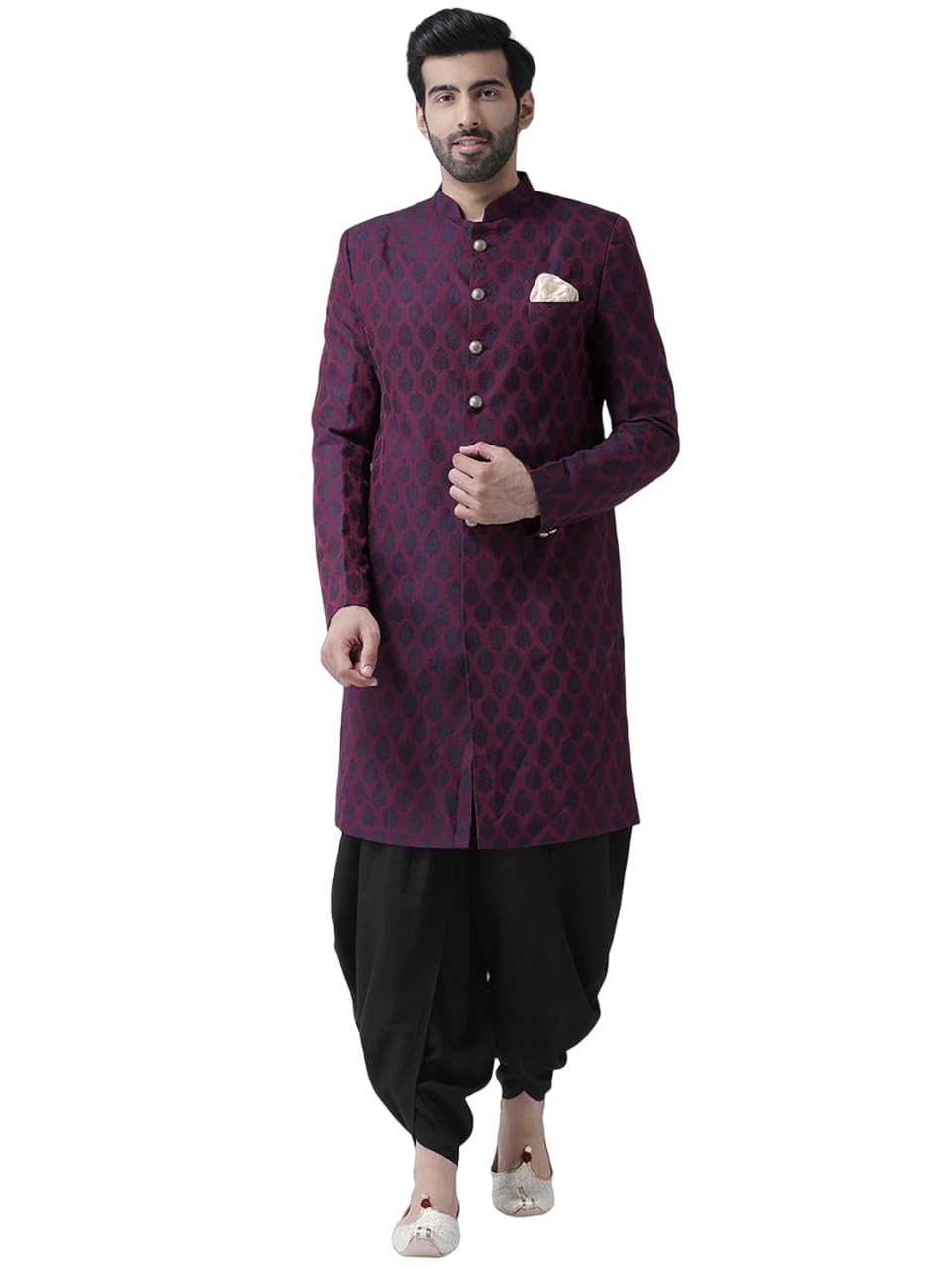 KISAH Men’s Indo-Western Sherwani Dhoti Set, Purple Jacquard Woven Mandarin Collar Full Sleeves Regular Fit KISAH Men’s Indo-Western Sherwani Dhoti Set, Purple Jacquard Woven Mandarin Collar Full Sleeves Regular Fit