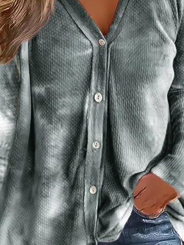 Image of Flamingals Casual Long Sleeve V-Neck Tie Dye Knit Button Up Fall Trendy Loose Pullover Tops Gray M