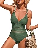 Charmo Women Hollow Out One Piece Swimwear Plunge V Neck Strappy Swimsuits Crochet Bathing Suit Monokini Army Green S