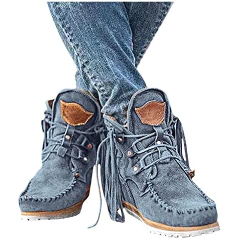 AODONG Gibobby Booties for Women Low Heel V Cut Flat Ankle Boots Comfort Cowboy Combat Boots Fall Winter Boots Shoes Blue 10 Cover