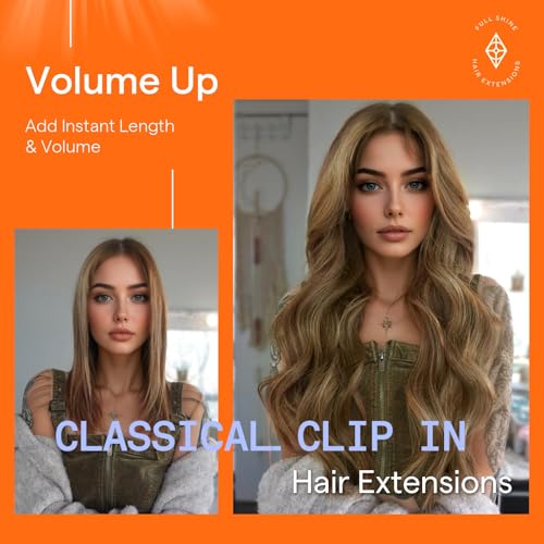 Image of Full Shine Real Hair Extensions Clip in Human Hair, Medium Brown to Blonde
