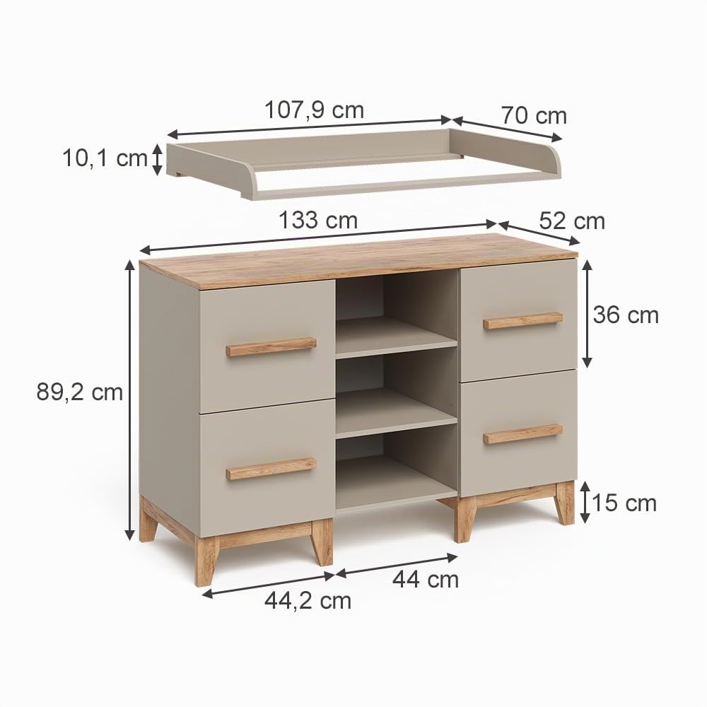 VitaliSpa Fasciatoio Malia, Cashmere/Artigianale, 133 x 98 cm | XL con 4 cassetti, con fasciatoio rimovibile per l'utilizzo come cassettiera