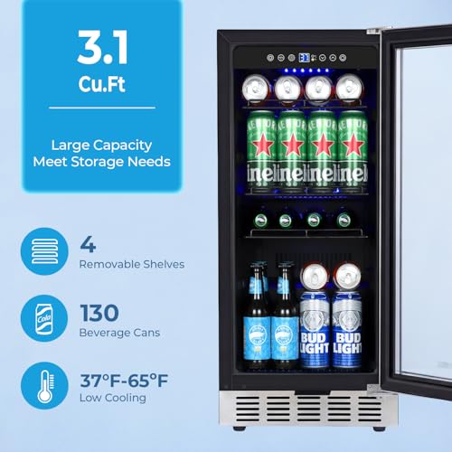 Image of 15 Inch Beverage Refrigerator Under Counter, 130 Cans Beverage Fridge Built-in or Freestanding, 15 inch Drink Cooler with Glass Door, Blue LED Light, Safety Lock - for Home /Kitchen(3.1 cu.ft)