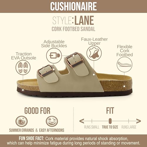 Image of CUSHIONAIRE Lane Cork Footbed Womens Sandals Comfortable Double Buckle Slip On Sandals for Women with Arch Support and Classic Two Strap Design