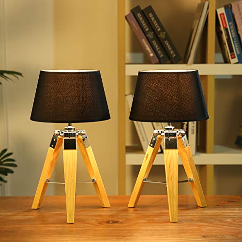 Simhoo Wooden Tripod Table Lamp 2pcs with Black Fabric Shade Wood Desk & Night Stand Lamps for Bedroom,Livingroom,Office(Without Bulb)