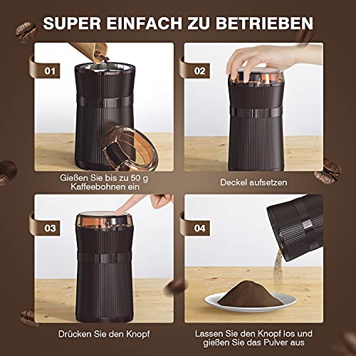 Kaffeemühle Elektrische, 200W Tragbare Waschbare Elektrische Kaffeebohnen und Gewürzmühle mit Edelstahlklingen und… – Bild 7