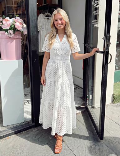 Image of ZESICA Women's 2026 Summer Short Sleeve Maxi Dress Casual V Neck Hollow Out Eyelet Ruffle Swing A Line Long Dresses