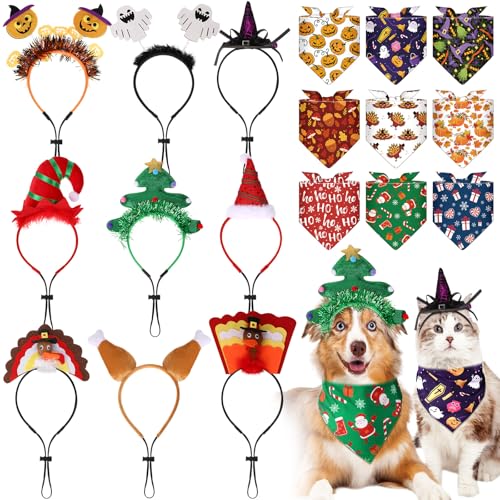 Huhumy 9 Set Christmas Dog Costume Christmas Thanksgiving Holiday Pet Headband Dog Bandanas Adjustable Triangle Scarf for Festival Pet Cat Outfit Supplies