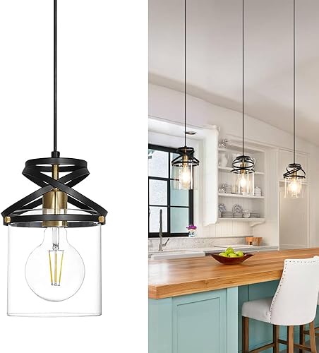 Luces colgantes negras para isla de cocina, moderna lámpara colgante con pantalla de vidrio transparente, accesorios de iluminación colgantes de