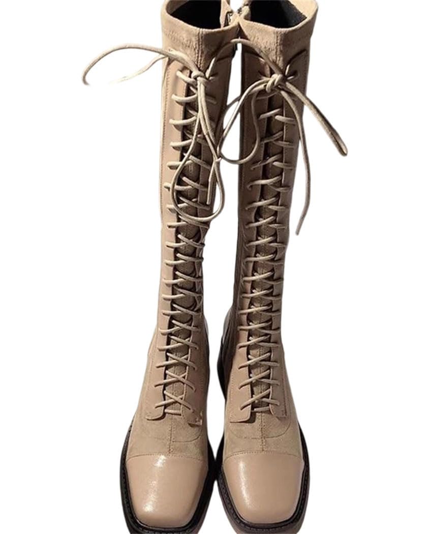 Womens Winter High Heel Long Boots Chunky Lace-Up Designer Fashion Warm Elegant Dress Shoes