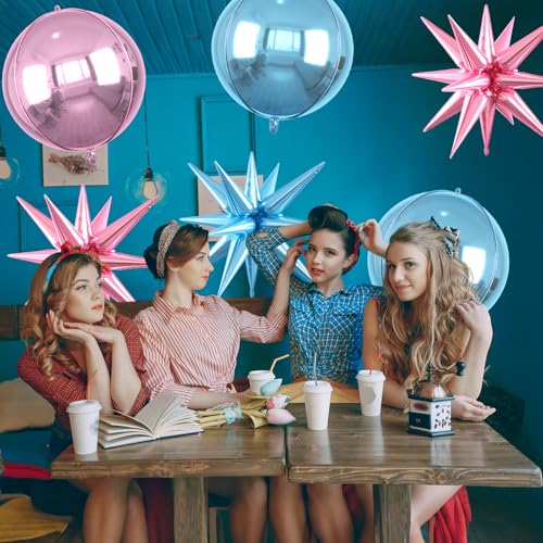 Image of 6pcs 22 inch Pink Blue Star Balloons and 4D Large Foil Balloons, Pink Foil Star Balloon Light Blue 4D Aluminum Balloon For Birthday Baby Shower Party Wedding Anniversary Gender Reveal Decorations