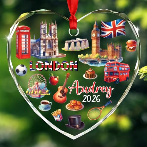 Personalized Year & Name London Lover Christmas Ornament 2025, London Cityscape Glass Christmas Ornament Gift for Friends Family Colleague, Customized UK England Hanging Ornaments Gift for Traveller
