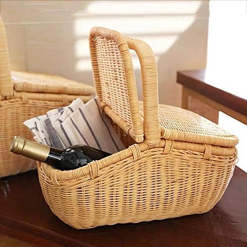 Picnic Basket Raw Color Hand-Woven Rattan Belt Cover Fruit Food Bread Storage Basket Portable Outdoor Picnic Tableware Supplies