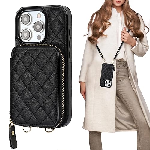 Bocasal Crossbody Wallet Case for iPhone 15 Pro RFID Blocking PU Leather Zipper Handbag Purse Flip Cover Kickstand Folio Case with Card Slots Holder Wrist Strap Lanyard 5G 6.1 Inch (Black)