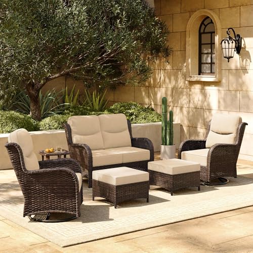 HILLGA Luxury Patio Furniture Set with 6-inch Thick Cushion, Outdoor Loveseat and High Back Swivel Rocker Patio Chairs, 6PCS Wicker Conversation Set for Deck Yard and Poolside, Beige (V2)