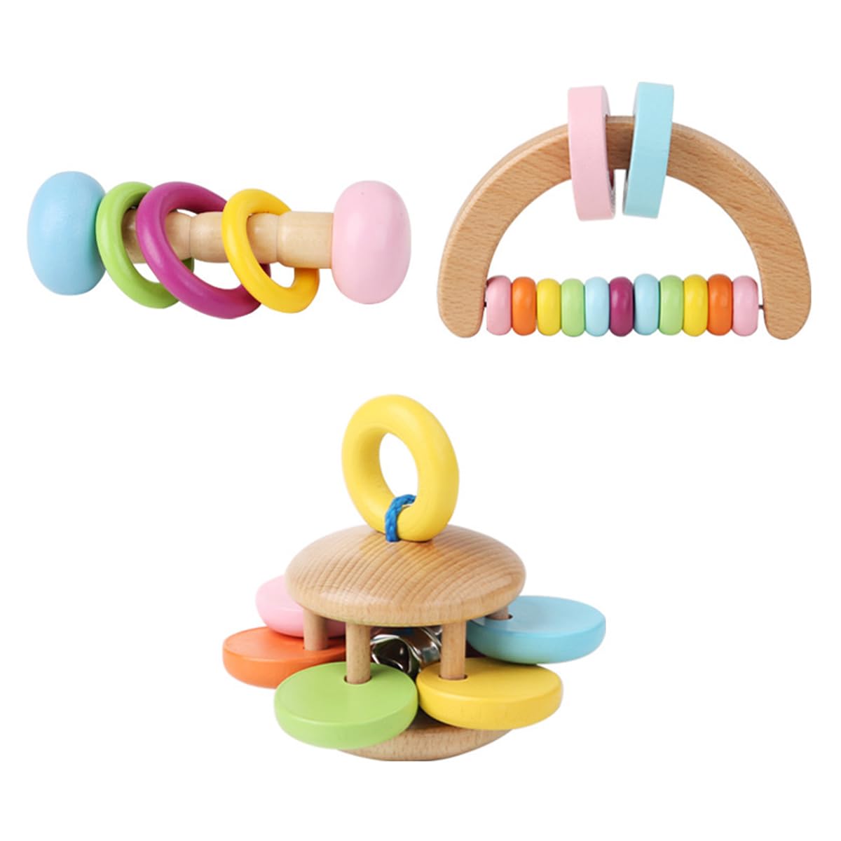 Enwye Wooden Rattle Percussion Instruments Three Shapes Ring Flower Grip Shaped Handheld for Creative Play Musical Exploration