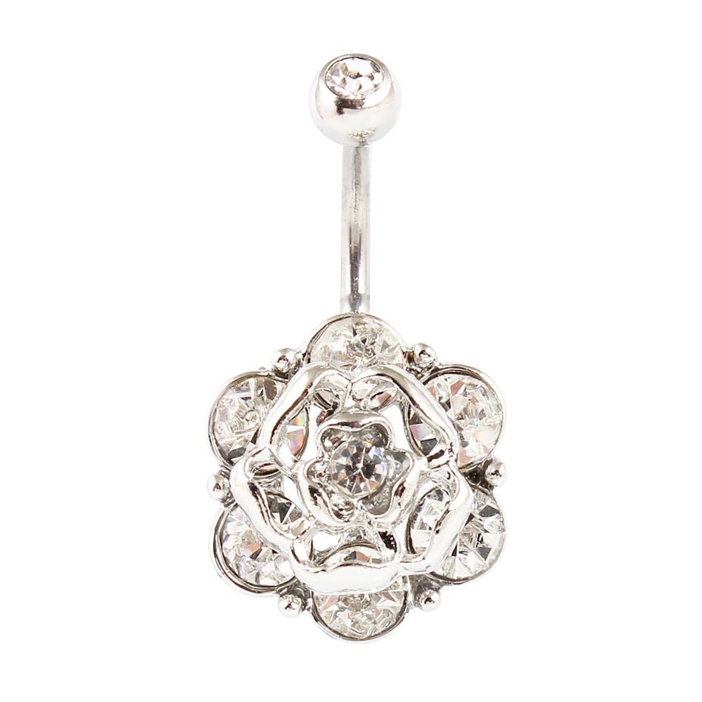 carl vinson Rose Diamond Belly Button Ring | Stainless Steel Curved Rod Navel Piercing Jewelry for Women-picture-47