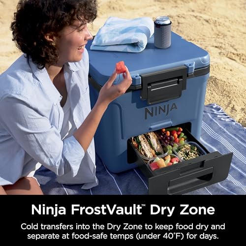 Image of Ninja | Cooler | FrostVault 30QT Cooler with Wheels | Insulated with Temp Dry Storage Drawer | Keeps Ice Cold for Days | for the Beach, Camping, Picnics & More | Lakeshore Blue | FB230BL