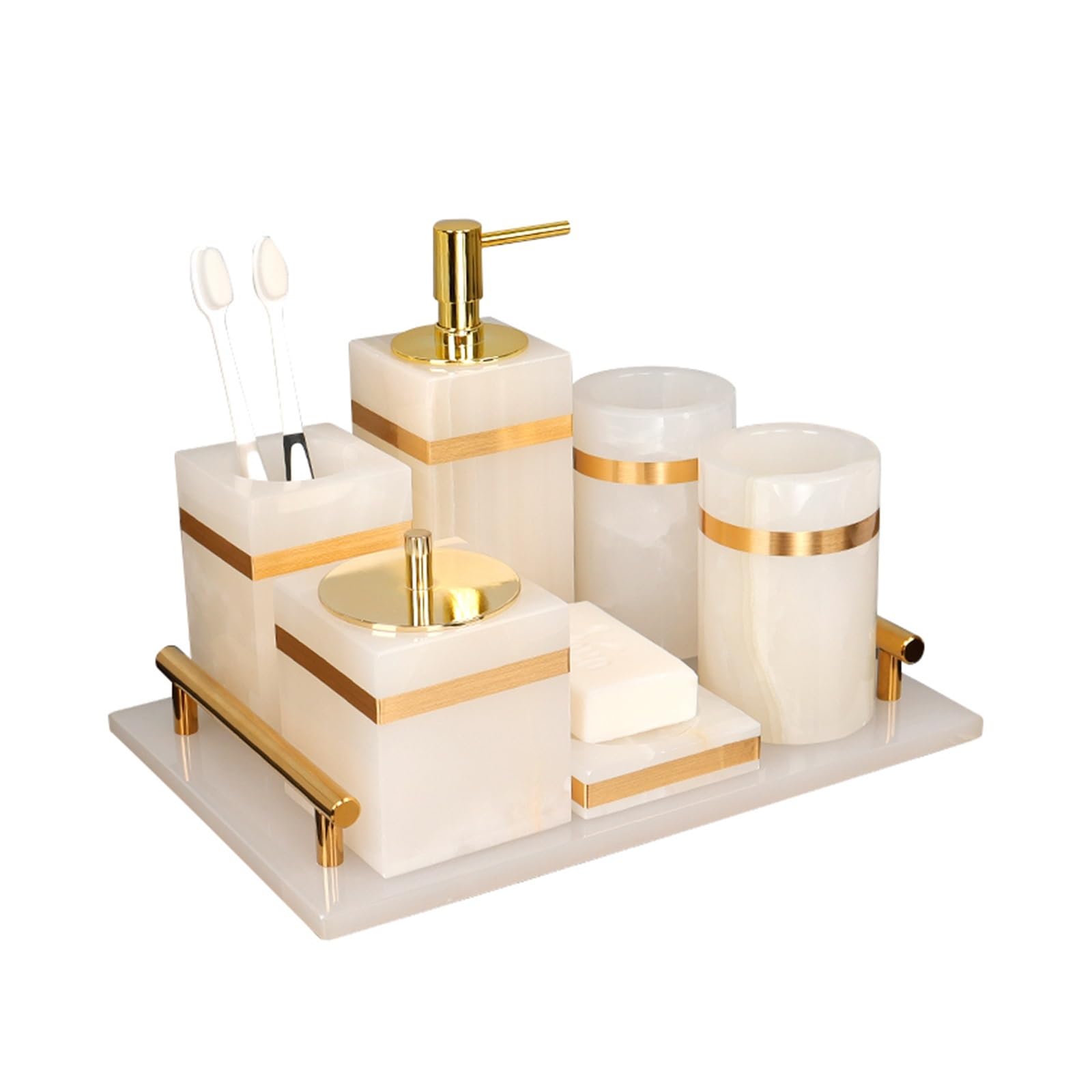 Bathroom Soap Dispenser Set White Natural Marble Bathroom Accessories Gold Luxury Soap Dispenser Cotton Swab Holder Toothbrush Set(Cotton swab can)