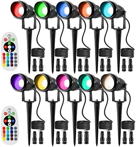 Junview Low Voltage Landscape Lights RGB Color Changing 10W Warm White LED Landscape Lighting Outdoor Waterproof Garden Pathway Christmas Decorative Spotlights (10Pack with Connectors)