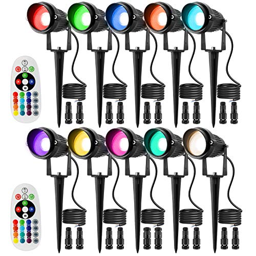 Junview RGB Color Changing Landscape Lights with Connectors 12V-24V 8W Low Voltage Remote Control RGB LED Landscape Lighting IP66 Waterproof Yard Garden Outdoor Spotlights (10Pack with Connectors)
